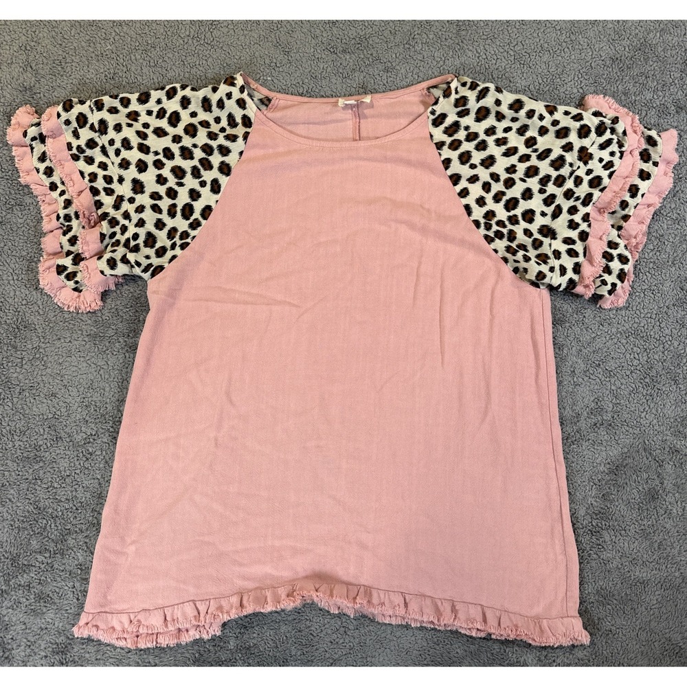 Umgee Women's M Linen Blend Pink Leopard High Low Frayed Hem Top Boho Lagen Look